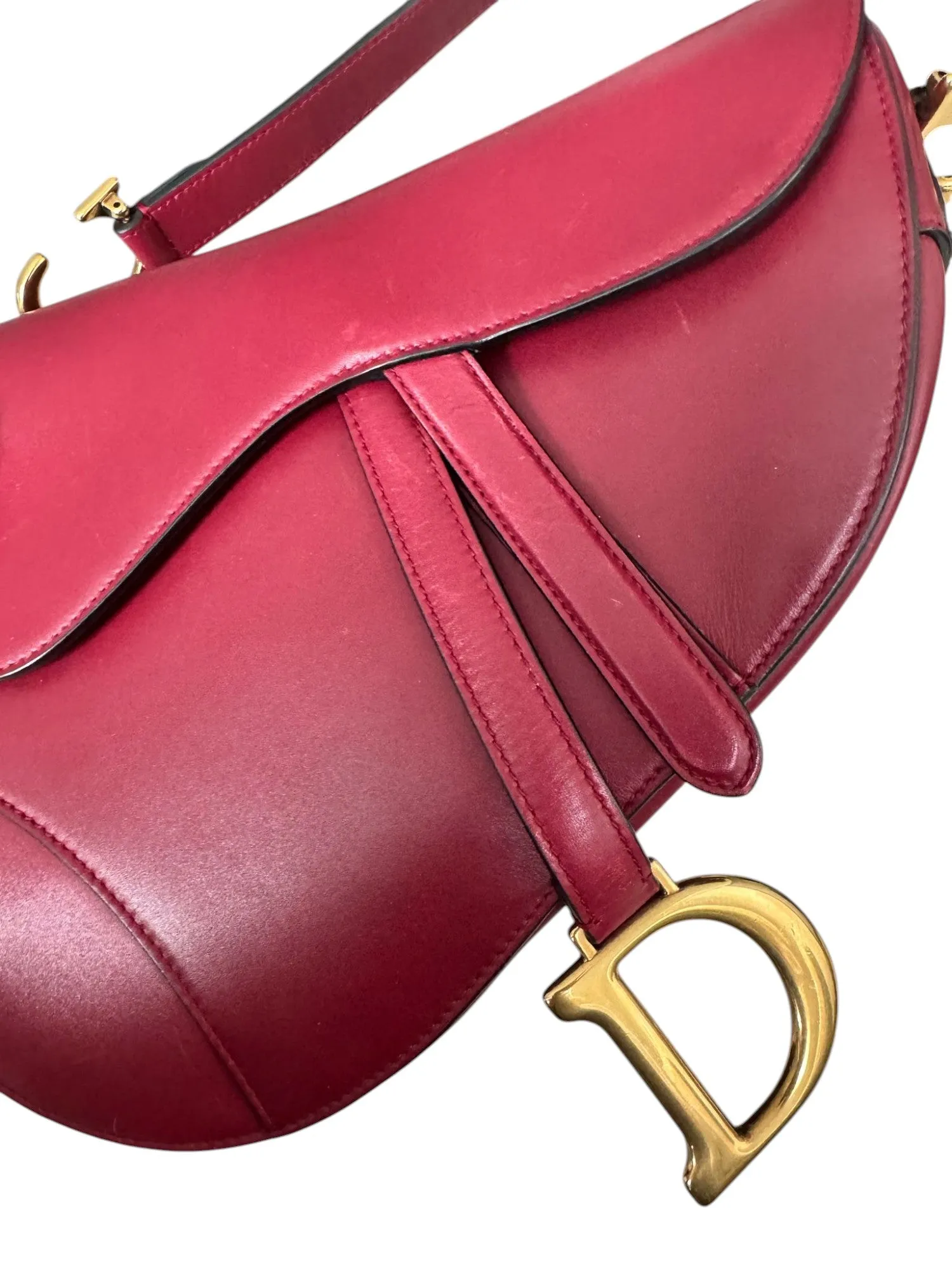 Christian Dior Saddle Bag Medium with Guitar Strap, Deep Red Calfskin, Gold-tone Hardware