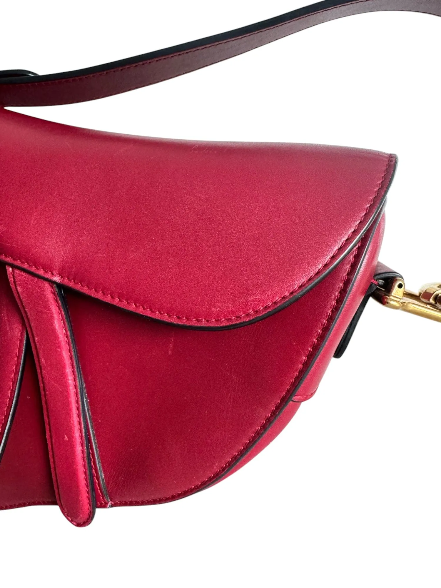 Christian Dior Saddle Bag Medium with Guitar Strap, Deep Red Calfskin, Gold-tone Hardware