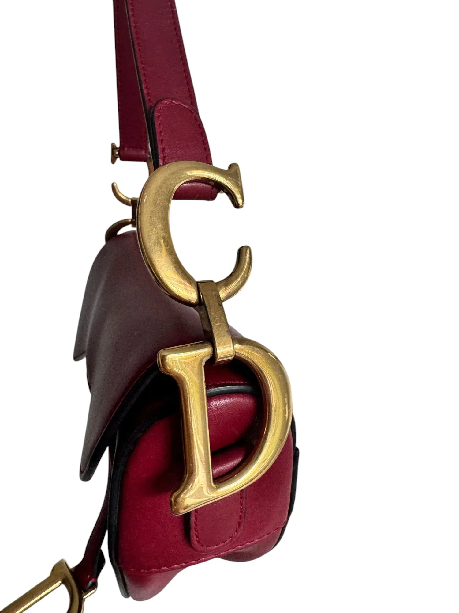 Christian Dior Saddle Bag Medium with Guitar Strap, Deep Red Calfskin, Gold-tone Hardware