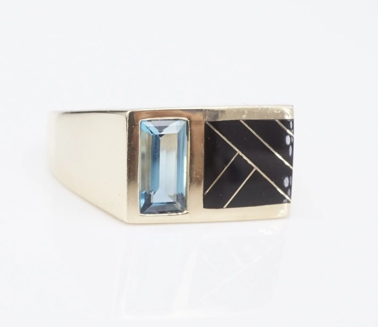 Kabana Inlay Signet Ring 14K Yellow Gold Onyx Blue Topaz Size 9 Designer RG4081