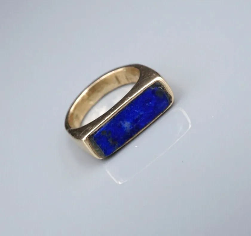 Vintage Signet Ring 10k Lapis Yellow Gold Rustic Handmade Size 4.25 RG4368