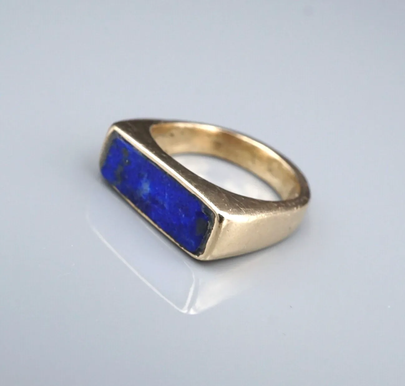 Vintage Signet Ring 10k Lapis Yellow Gold Rustic Handmade Size 4.25 RG4368